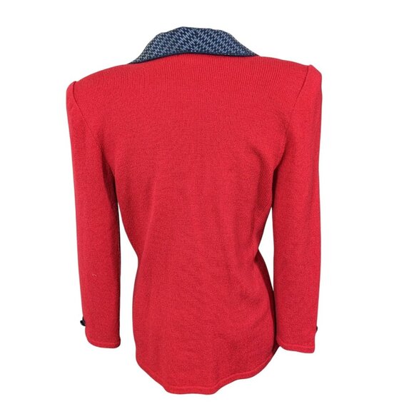 Vintage Toula Two Button Cardigan Jacket Red Knit Black Sequin Collar Womens 10 - Picture 5 of 7